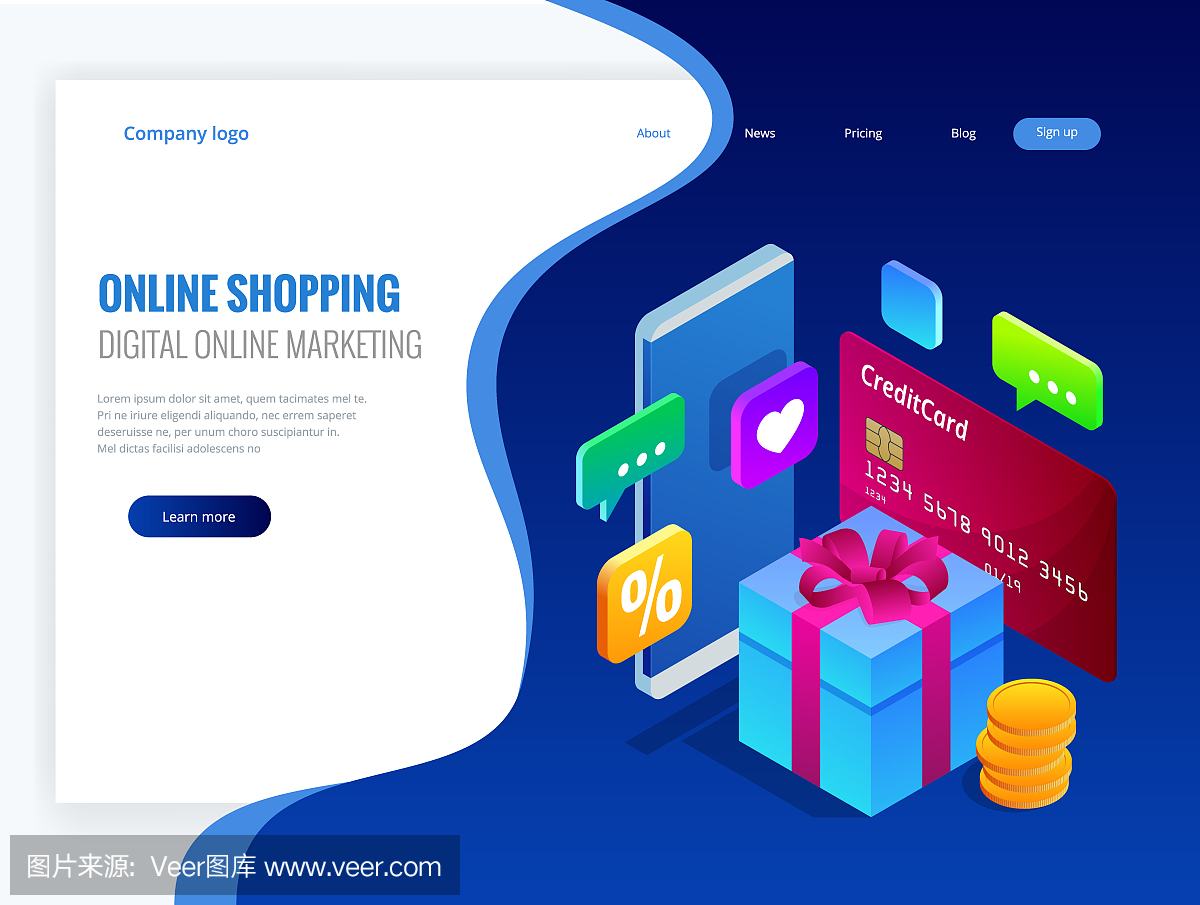 等距網(wǎng)上購物概念。數(shù)字網(wǎng)絡(luò)營銷商業(yè)銷售概念。最好的禮物。矢量圖